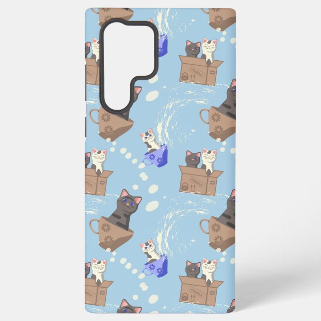 Cats in box and milk drops on blue samsung galaxy s22 ultra case (Back)