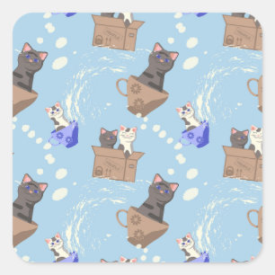Cats in box and milk drops on blue square sticker