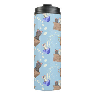 Cats in box and milk drops on blue thermal tumbler
