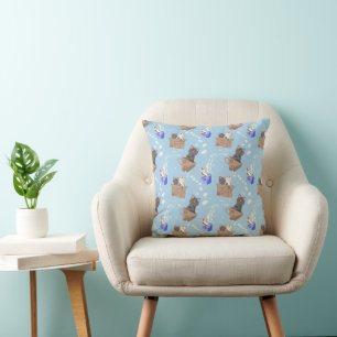 Cats in box and milk drops on blue throw pillow