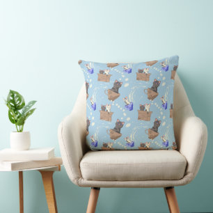 Cats in box and milk drops on blue throw pillow