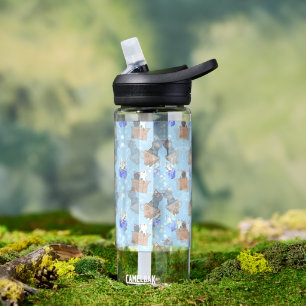 Cats in box and milk drops on blue water bottle