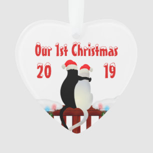 Cats In Caps 1st Christmas Personalized Heart Ornament
