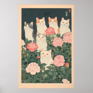 Cats in Flowers Print Vintage Japanese Ukiyo-e Art