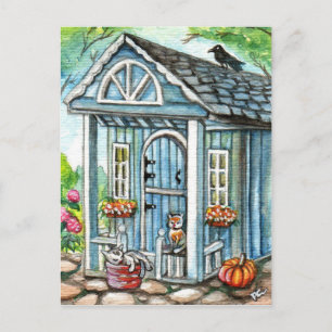 Cats in Front of Cottage House Postcard