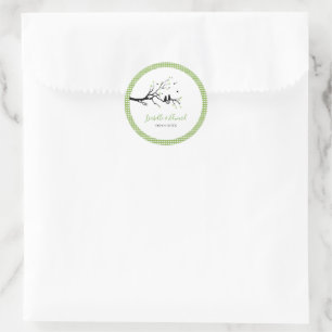 Cats In Love Green & White Gingham Pattern Names Classic Round Sticker