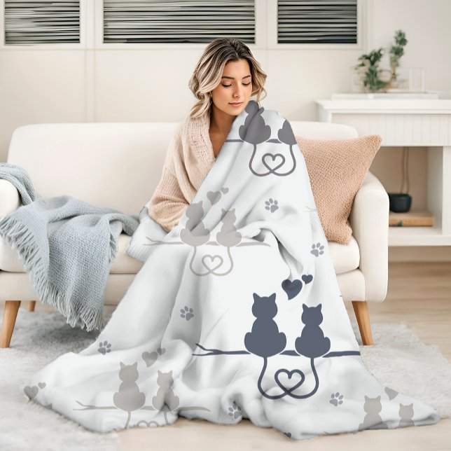 Cats in Love Modern Animal Silhouette Pattern Fleece Blanket (Creator Uploaded)