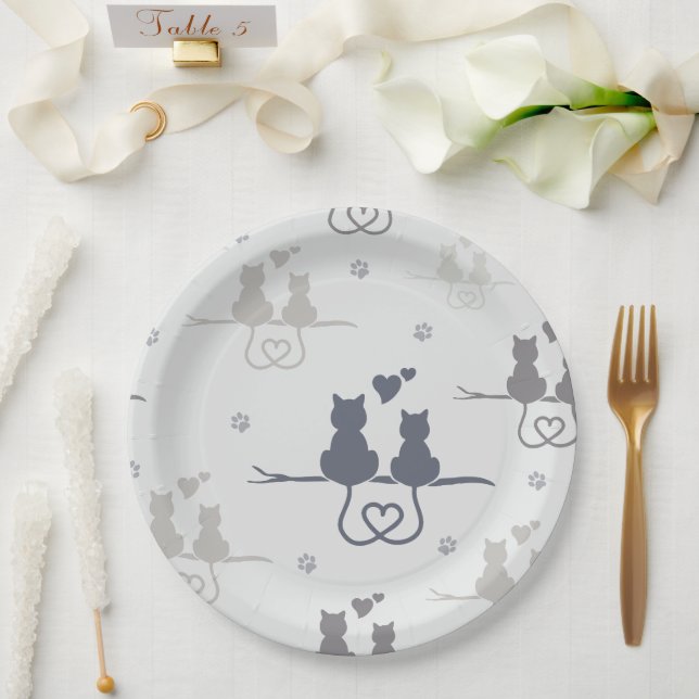 Cats in Love Modern Animal Silhouette Pattern Paper Plate (Wedding)