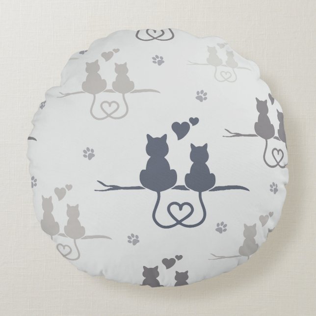 Cats in Love Modern Animal Silhouette Pattern Round Pillow (Front)