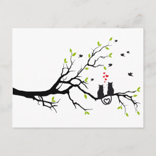 Cats in love with red hearts on spring tree postcard