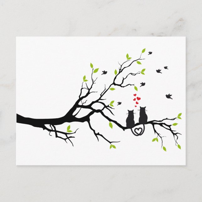 Cats in love with red hearts on spring tree postcard (Front)