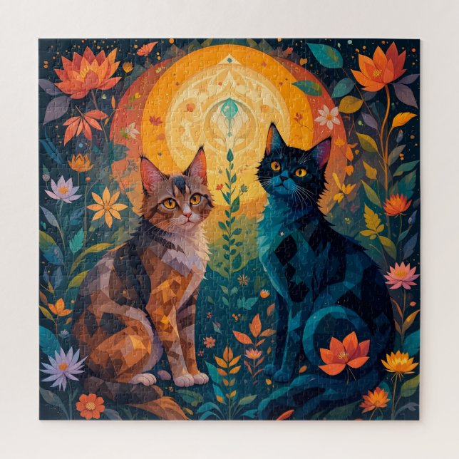Cats in Nature Scene with Geometric Elements Jigsaw Puzzle (Vertical)