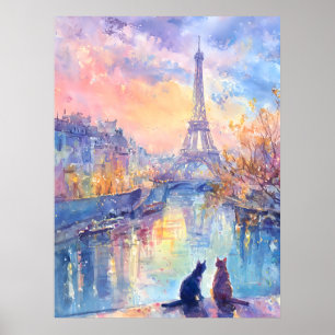 Cats in Paris Twilight – Watercolor Romance Poster