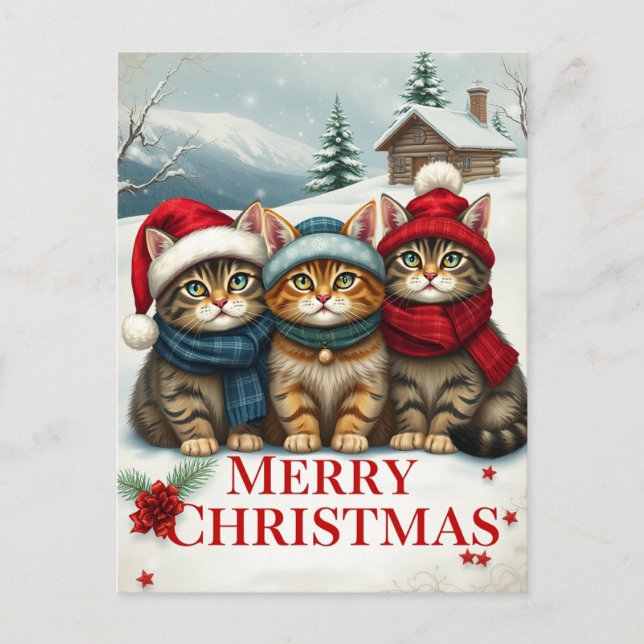 Cats in Preppy Winter Attire and Hats Christmas Holiday Postcard (Front)