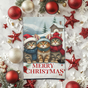 Cats in Preppy Winter Attire and Hats Christmas Kitchen Towel