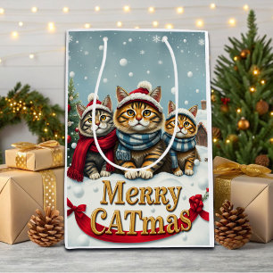 Cats in Preppy Winter Attire and Hats Christmas Medium Gift Bag