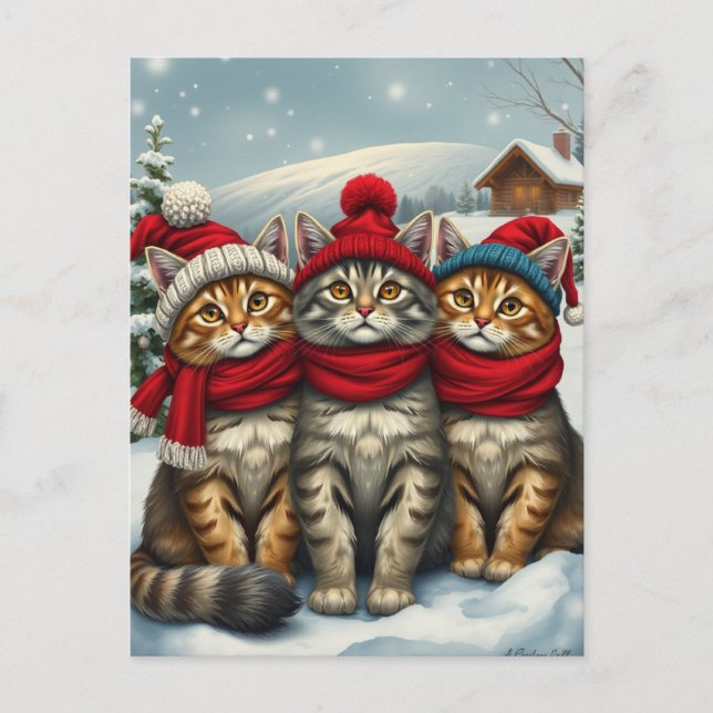 Cats in Preppy Winter Attire and Hats Winter Holiday Postcard (Front)