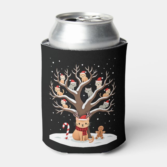 Cats In Snow Tree Winter Christmas Santa Hat X-mas Can Cooler (Can Front)