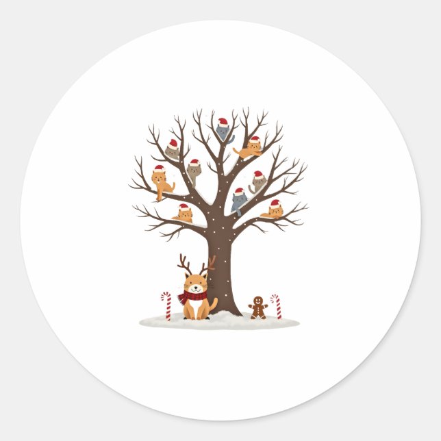 Cats In Snow Tree Winter Christmas Santa Hat X-mas Classic Round Sticker (Front)
