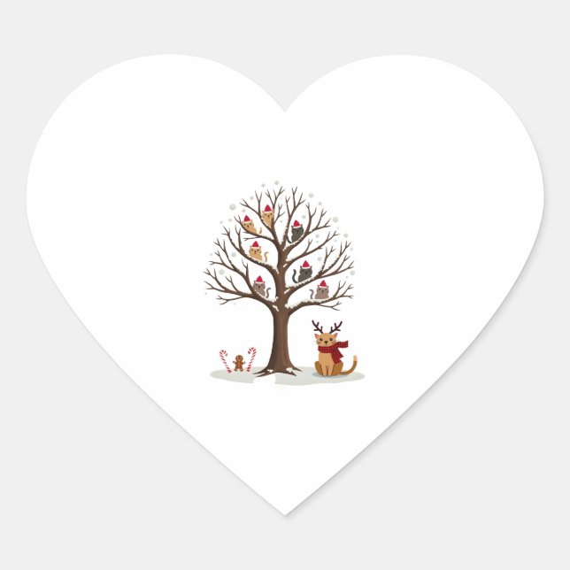Cats In Snow Tree Winter Christmas Santa Hat X-mas Heart Sticker (Front)