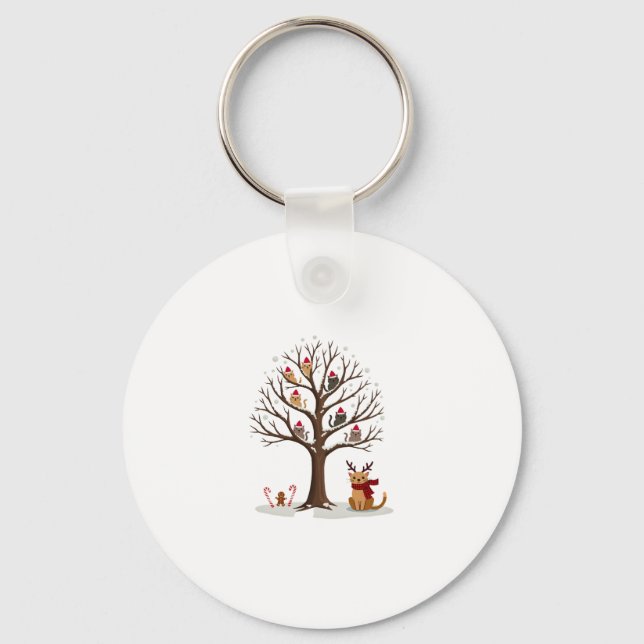Cats In Snow Tree Winter Christmas Santa Hat X-mas Keychain (Front)