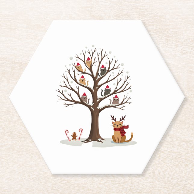 Cats In Snow Tree Winter Christmas Santa Hat X-mas Paper Coaster (Front)