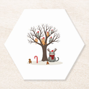 Cats In Snow Tree Winter Christmas Santa Hat X-mas Paper Coaster