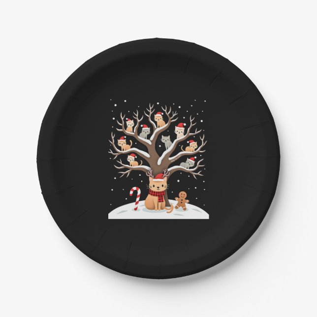 Cats In Snow Tree Winter Christmas Santa Hat X-mas Paper Plate (Front)