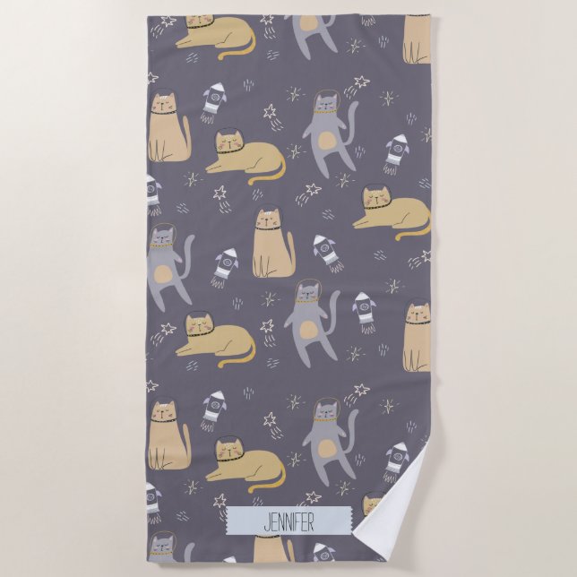 Cats in Space Seamless Pattern Custom Name Beach Towel (Front)