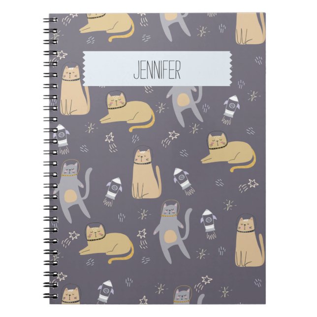 Cats in Space Seamless Pattern Custom Name Notebook (Front)