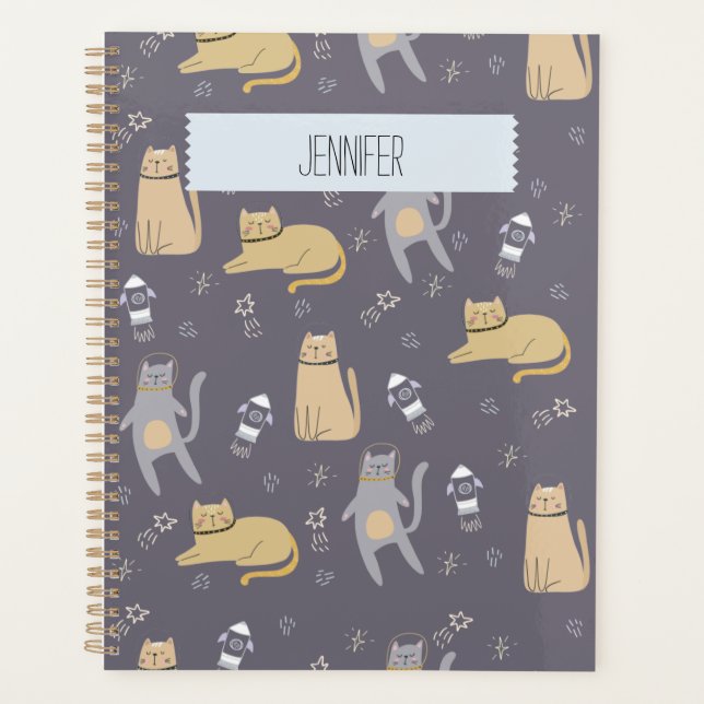 Cats in Space Seamless Pattern Custom Name Planner (Front)