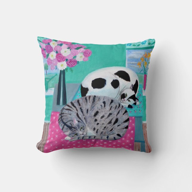Cats in Spring Throw Pillow (Front)