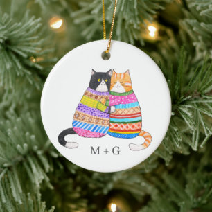 Cats in Sweater Snuggling Couple Custom Christmas  Ceramic Ornament