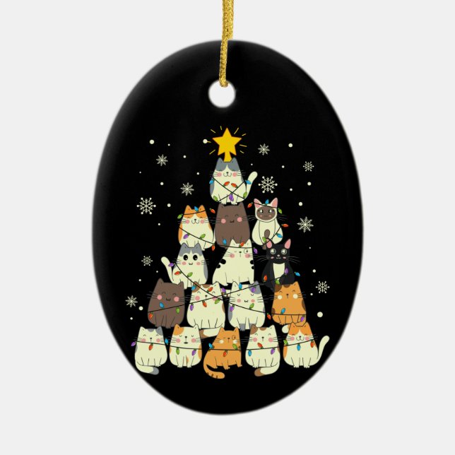Cats in the Christmas Tree Ceramic Ornament (Front)