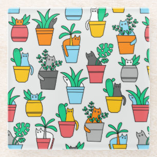 Cats in the flowerpots glass coaster