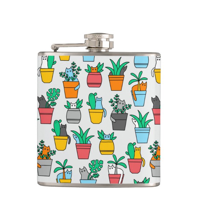 Cats in the flowerpots hip flask (Front)