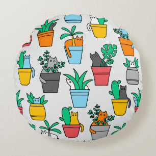 Cats in the flowerpots round pillow