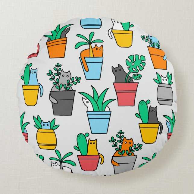 Cats in the flowerpots round pillow (Front)