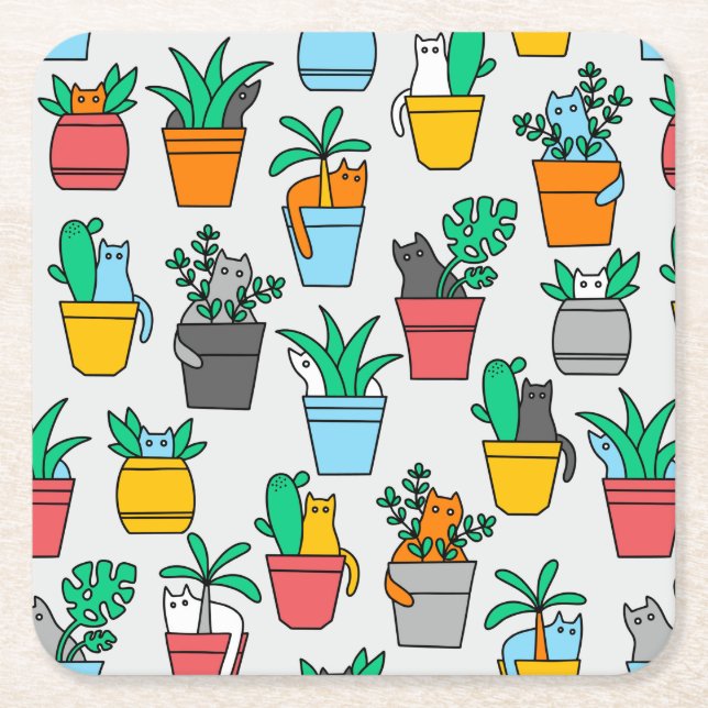 Cats in the flowerpots square paper coaster (Front)