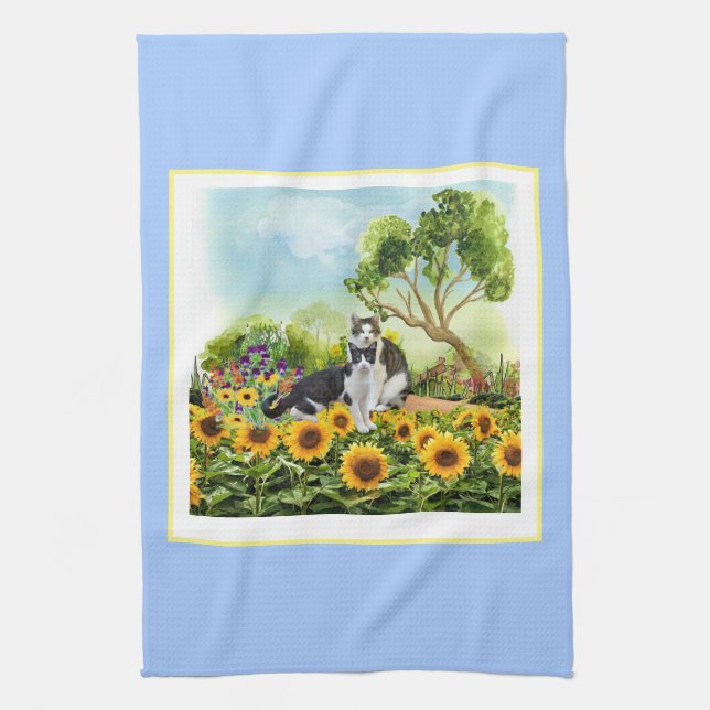 Cats in the Sunflower Garden / Cat Lovers Kitchen Towel (Vertical)