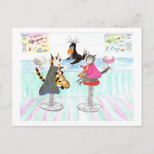 Cats In The Wine Bar; "Now which shops are next?" Postcard