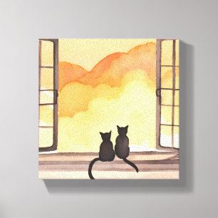 Cats in Window   Sunset Watercolor Silhouette Canvas Print