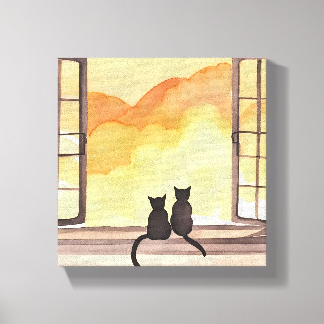 Cats in Window | Sunset Watercolor Silhouette Canvas Print (Front)