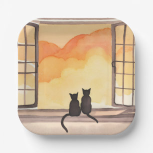 Cats in Window Sunset Watercolor Silhouette Paper Plate