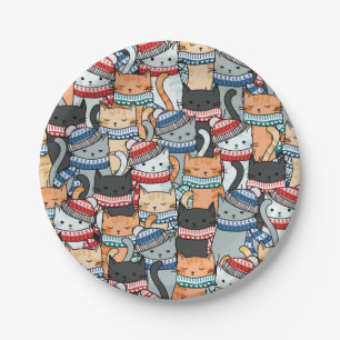 Cats in Winter Scarves & Hats Pattern Fabric Paper Plate