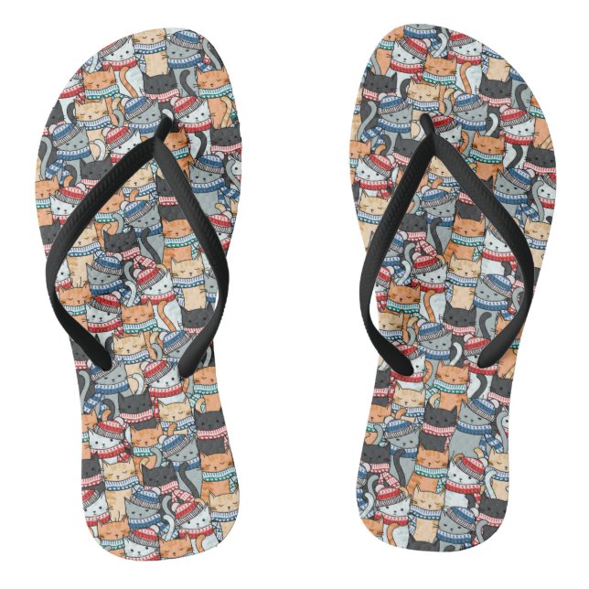 Cats in Winter Scarves & Hats Pattern Flip Flops (Footbed)