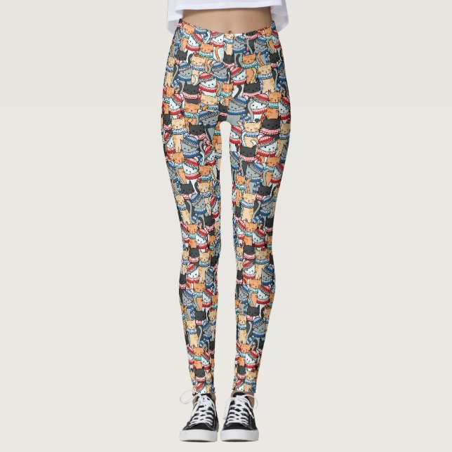 Cats in Winter Scarves & Hats Pattern Leggings (Front)