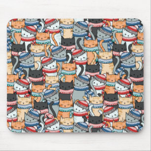 Cats in Winter Scarves & Hats Pattern Mouse Pad