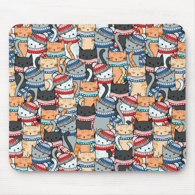 Cats in Winter Scarves & Hats Pattern Mouse Pad (Front)