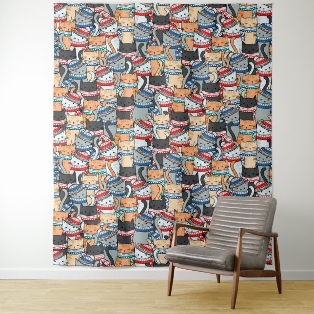 Cats in Winter Scarves & Hats Pattern Tapestry (In Situ)